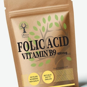 May include: A brown paper bag with a label that says "Folic Acid Vitamin B9 400 mcg" and "Food Supplement". The label also has a green tree logo and the text "No Fillers, No Binders, High Quality" and "Best Value Easy to Swallow". The bag is made in the UK.