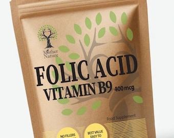 May include: A brown paper bag with a label that says "Folic Acid Vitamin B9 400 mcg" and "Food Supplement". The label also has a green tree logo and the text "No Fillers, No Binders, High Quality" and "Best Value Easy to Swallow". The bag is made in the UK.