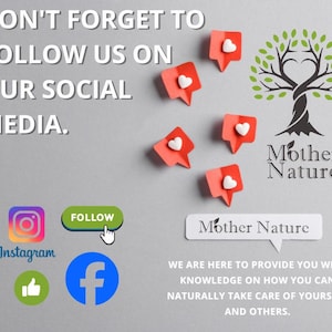 K&ouml;nnte beinhalten: Eine Grafik mit dem Text "DON'T FORGET TO FOLLOW US ON OUR SOCIAL MEDIA."  Die Grafik enth&auml;lt auch einen stilisierten Baum mit einer Herzform an der Basis und dem Text "Mother Nature".  Unter dem Baum befindet sich eine Sprechblase mit dem Text "Mother Nature" und dem Text "WE ARE HERE TO PROVIDE YOU WITH KNOWLEDGE ON HOW YOU CAN NATURALLY TAKE CARE OF YOURSELF AND OTHERS."  Die Grafik enth&auml;lt auch Social-Media-Icons f&uuml;r Instagram und Facebook.