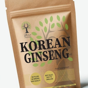 Puede incluir: Una bolsa de papel kraft marrón de suplemento alimenticio de ginseng coreano. La etiqueta presenta un logotipo de árbol verde, el texto "Mother Nature", "KOREAN GINSENG", "Food Supplement", "NO FILLERS NO BINDERS HIGH QUALITY", "BEST VALUE EASY TO SWALLOW" y "Made in UK".