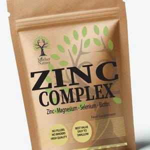 May include: A brown paper bag with a white label that says "Mother Nature Zinc Complex" and lists the ingredients as "Zinc - Magnesium - Selenium - Biotin". The label also says "Food Supplement" and has a green tree logo. The bag has a white label with the text "No Fillers, No Binders, High Quality" and "Best Value Easy to Swallow". The bag also has a small Union Jack flag and the text "Made in UK".