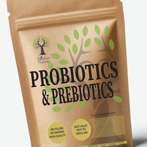 May include: A brown paper bag with a white label that says "Probiotics & Prebiotics" in black text. The label also has a green tree logo and the text "Mother Nature". The bag is a food supplement and says "No fillers, No binders, High quality" and "Best value, Easy to swallow".