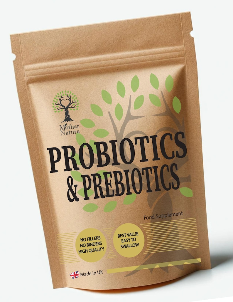 Pu&ograve; includere: Un sacchetto di carta marrone con un'etichetta bianca che dice "Probiotici & Prebiotici" in testo nero. L'etichetta ha anche un logo di albero verde e il testo "Mother Nature". Il sacchetto &egrave; un integratore alimentare e dice "Senza riempitivi, Senza leganti, Alta qualit&agrave;" e "Miglior valore, Facile da deglutire".