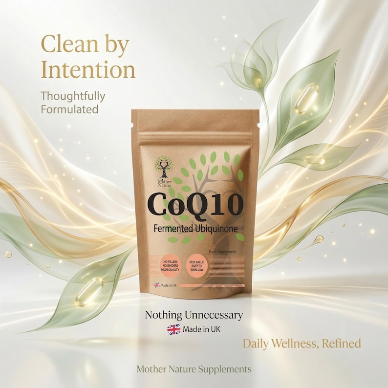 以下が含まれることがあります： CoQ10 Fermented Ubiquinoneサプリメントの茶色の紙袋。パッケージにはMother Nature Supplementsのロゴと「Clean by Intention」の文字が記載されています。背景には、葉とカプセルのイラストが描かれた、柔らかく流れるようなデザインが施されています。