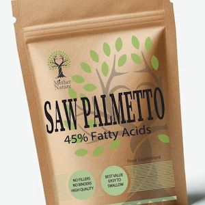 May include: A brown paper bag with a label that says "Saw Palmetto 45% Fatty Acids" and "Food Supplement". The label also has a green tree logo and the text "Mother Nature".