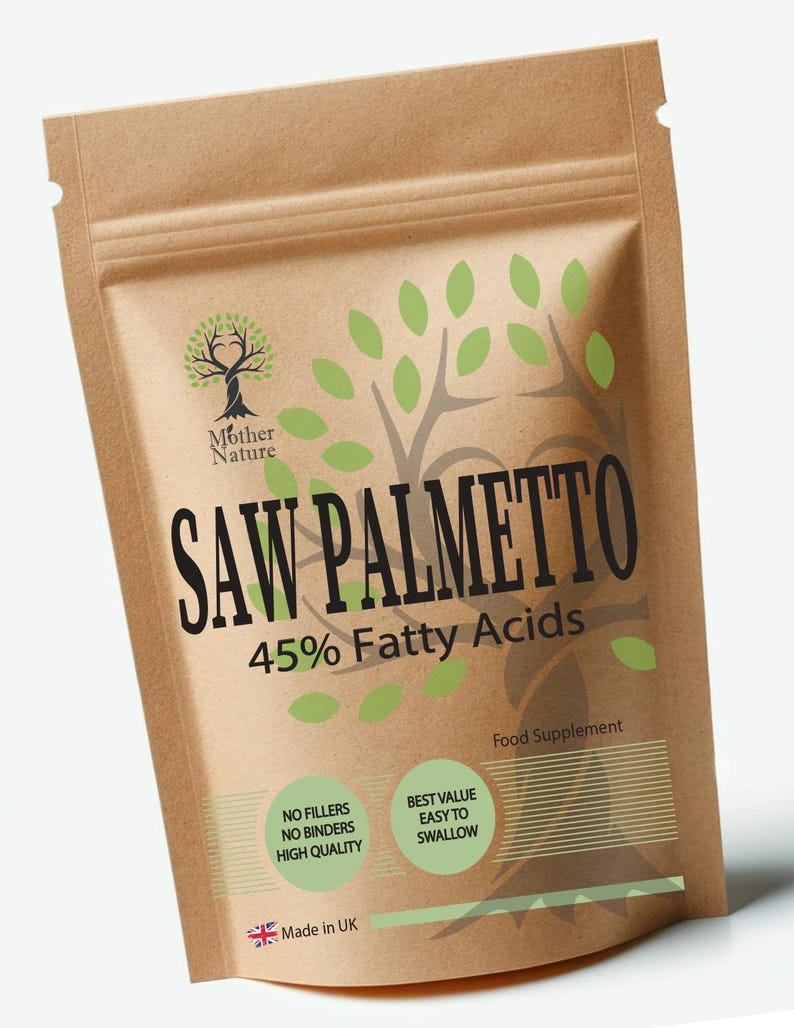 May include: A brown paper bag with a label that says "Saw Palmetto 45% Fatty Acids" and "Food Supplement". The label also has a green tree logo and the text "Mother Nature".