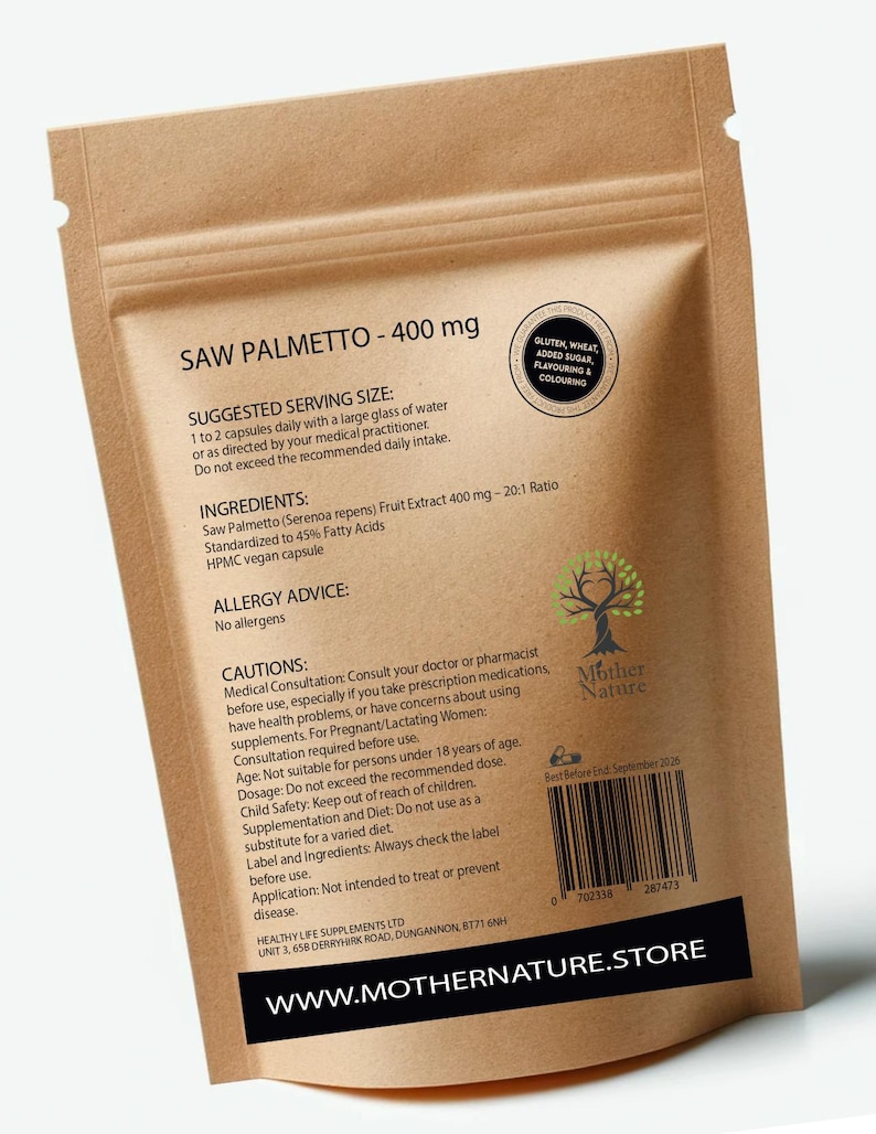 May include: A brown paper bag with a white label that reads "Saw Palmetto - 400 mg". The label also includes information about the product's ingredients, serving size, and allergy advice. The bag features a black and white logo that says "Mother Nature".