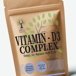 May include: A brown paper pouch of Vitamin D3 Complex food supplement. The label features a tree logo, the text "Mother Nature," "VITAMIN-D3 COMPLEX," "Vitamin C - Zinc - Magnesium - Vitamin D3 - K2," "NO FILLERS NO BINDERS HIGH QUALITY," and "BEST VALUE EASY TO SWALLOW."