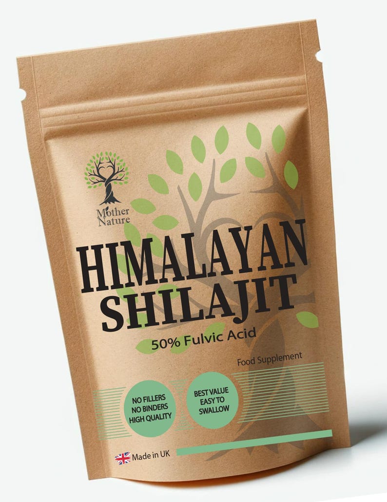 May include: A brown paper bag with a green leaf design. The bag contains Himalayan Shilajit, a food supplement with 50% Fulvic Acid. The bag also says "No Fillers, No Binders, High Quality" and "Best Value, Easy to Swallow". Made in UK.