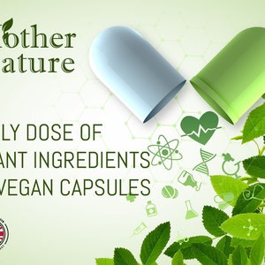 Puede incluir: Una c&aacute;psula verde y azul con un dise&ntilde;o de hoja verde se abre, revelando un coraz&oacute;n con una l&iacute;nea de latido del coraz&oacute;n, un &aacute;tomo y una cadena de ADN. El texto "Mother Nature" est&aacute; en la parte superior de la imagen, y el texto "Daily Dose of Plant Ingredients in Vegan Capsules" est&aacute; debajo de la c&aacute;psula. La imagen tambi&eacute;n incluye un dise&ntilde;o de hoja verde y una peque&ntilde;a bandera brit&aacute;nica.