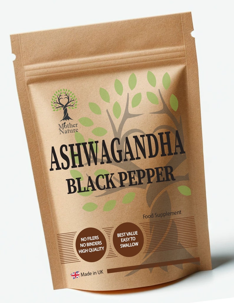 Ashwagandha svartpeppar 600 mg naturliga Ashwagandha-kapslar rotextrakt veganska kosttillskott bild 1
