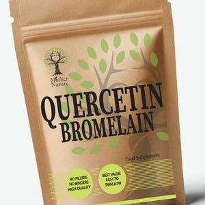 May include: A brown kraft paper pouch containing a food supplement labeled Quercetin Bromelain. The packaging features a green tree logo, the text Mother Nature, and two circular badges stating No Fillers No Binders High Quality and Best Value Easy To Swallow.