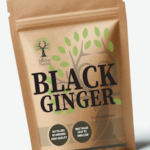 May include: A brown paper bag with a zip closure, containing a food supplement called "Black Ginger" by Mother Nature. The bag features a green leaf design and text that says "No fillers, no binders, high quality" and "Best value, easy to swallow".
