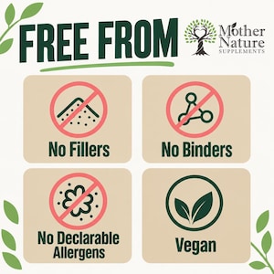 May include: A white informational graphic titled FREE FROM with the Mother Nature Supplements logo. It features four beige squares with icons: a pile of powder with a red slash for No Fillers, a molecular structure with a red slash for No Binders, a flower with a red slash for No Declarable Allergens, and two green leaves for Vegan.