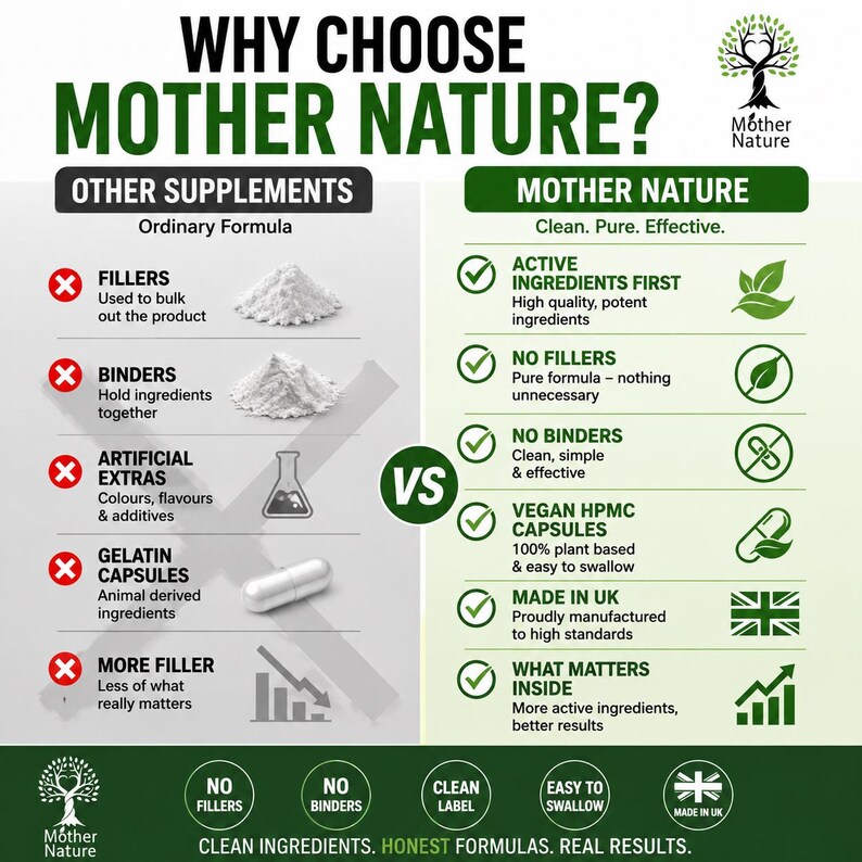 May include: A comparison chart titled WHY CHOOSE MOTHER NATURE? contrasting ordinary supplements with Mother Nature products. The left side lists fillers, binders, artificial extras, gelatin capsules, and more filler with red X icons. The right side lists active ingredients, no fillers, no binders, vegan HPMC capsules, made in UK, and what matters inside with green check marks.