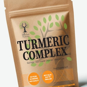 May include: A brown paper bag with a label that says "Mother Nature Turmeric Complex" and lists the ingredients: Black Pepper, Ceylon Cinnamon, Ginger root, Turmeric curcumin. The label also says "Food Supplement" and has a logo of a tree with a heart in the middle. There are two circles on the label that say "No Fillers, No Binders, High Quality" and "Best Value, Easy to Swallow". The bag also has a small Union Jack flag and the text "Made in UK".