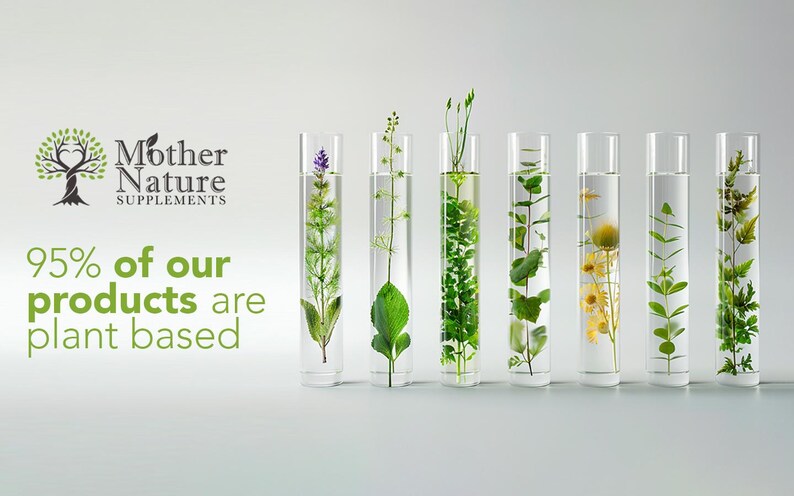 K&ouml;nnte beinhalten: Eine Reihe klarer Glasr&ouml;hrchen, gef&uuml;llt mit verschiedenen gr&uuml;nen und gelben Pflanzen. Der Text "Mother Nature Supplements" und "95% unserer Produkte sind pflanzlich" ist unterhalb der R&ouml;hrchen sichtbar.