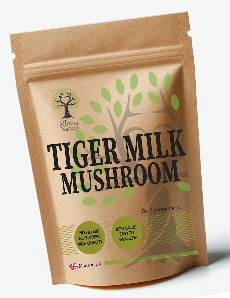 K&ouml;nnte beinhalten: Ein brauner Papierbeutel mit einem Etikett, auf dem "Tiger Milk Mushroom" und "Nahrungserg&auml;nzungsmittel" steht. Das Etikett zeigt auch ein gr&uuml;nes Baumlogo und den Text "Mother Nature".