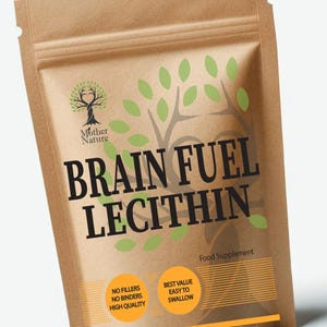 May include: A brown paper bag with a white label that says "Brain Fuel Lecithin" in black text. The label also has a green tree logo with the words "Mother Nature" below it. The bag is a food supplement and says "No Fillers, No Binders, High Quality" and "Best Value Easy to Swallow". The bag also says "Made in UK" in the bottom right corner.