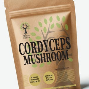 May include: A brown kraft paper stand-up pouch containing a food supplement. The label features a tree logo, the text CORDYCEPS MUSHROOM, and claims including NO FILLERS, NO BINDERS, HIGH QUALITY, BEST VALUE, EASY TO SWALLOW, and Made in UK.
