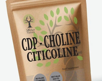 May include: A brown paper bag with a white label that says "CDP-Choline Citicoline" in black text. The label also has a green tree logo and the text "Mother Nature" in black text. The label also says "Food Supplement" and "No Fillers, No Binders, High Quality" and "Best Value, Easy to Swallow". The bag also has a small Union Jack flag and the text "Made in UK".