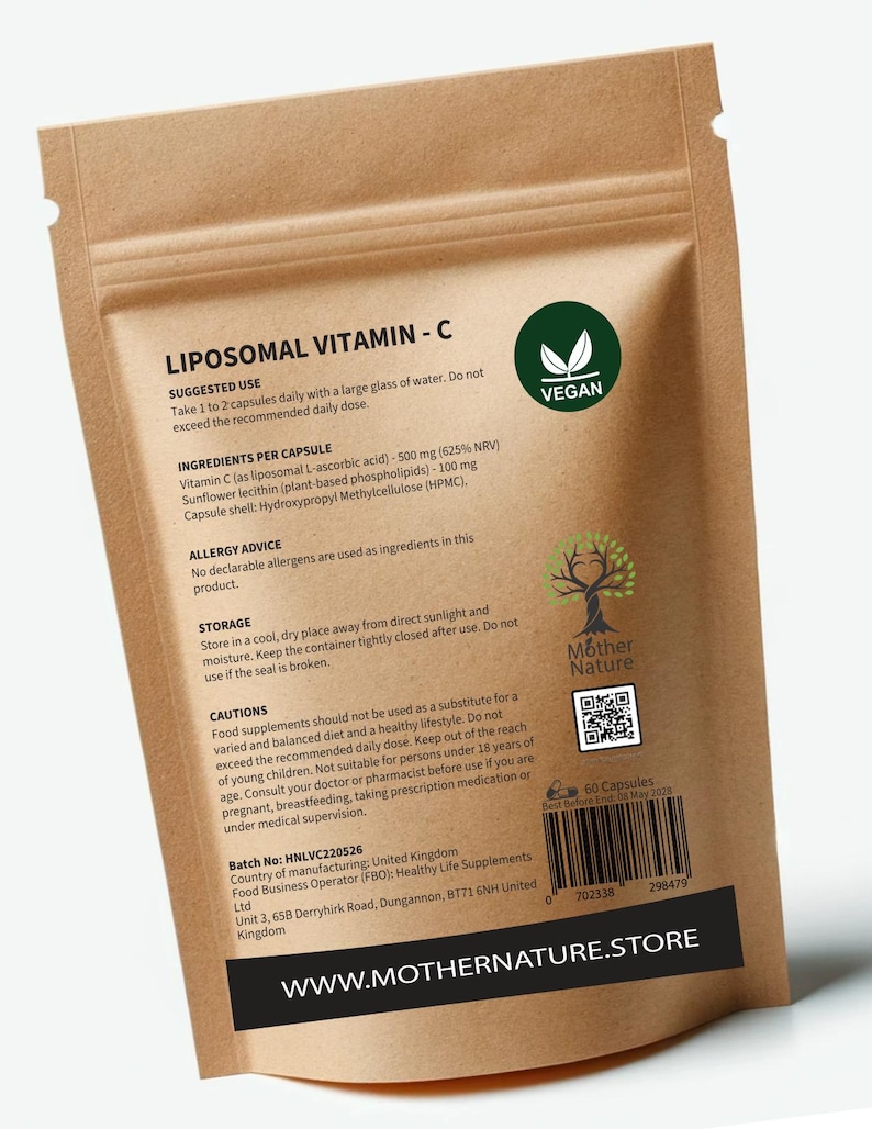 May include: A brown kraft paper pouch of Liposomal Vitamin C capsules. The label features the text Liposomal Vitamin C, a green vegan logo, a tree icon, a QR code, a barcode, and the website WWW.MOTHERNATURE.STORE. It lists ingredients, usage, and storage.