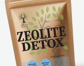Op de afbeelding: Een bruine papieren zak met Zeolite Detox voedingssupplement. De zak bevat de woorden "ZEOLITE DETOX" in grote zwarte letters, met de merknaam "Mother Nature" en een boomlogo. Extra tekst omvat "Food Supplement", "No Fillers, No Binders, High Quality", en "Best Value, Easy to Swallow".