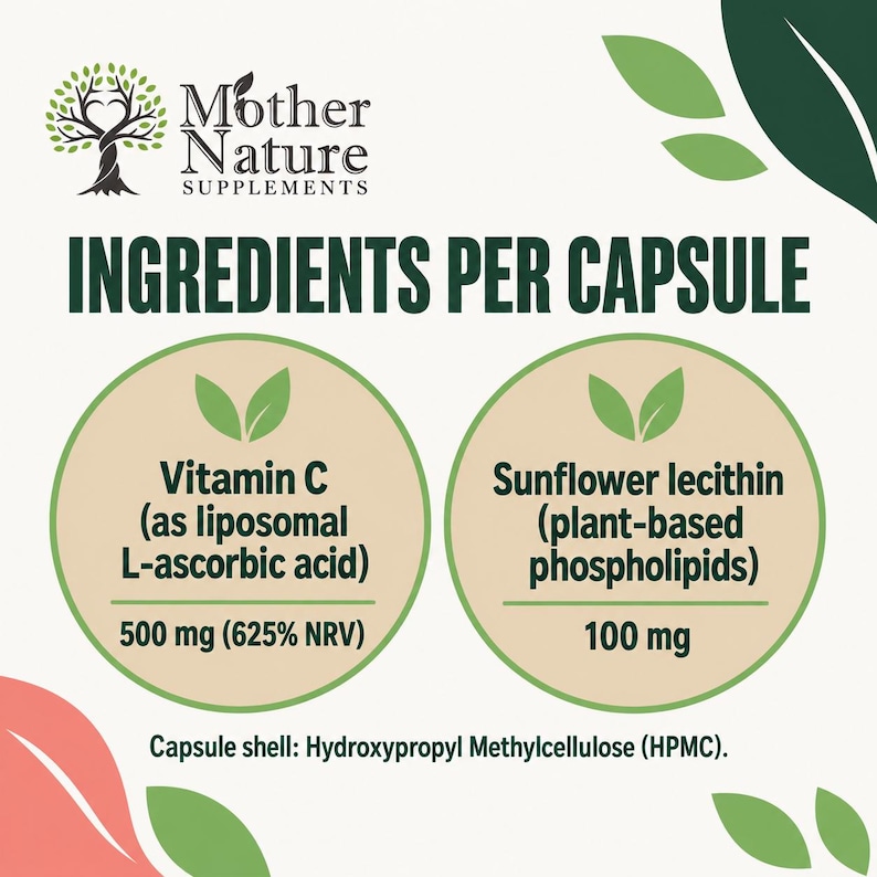 May include: An informational graphic for Mother Nature Supplements listing ingredients per capsule. It details 500 mg of Vitamin C as liposomal L-ascorbic acid and 100 mg of sunflower lecithin. The capsule shell is listed as Hydroxypropyl Methylcellulose.