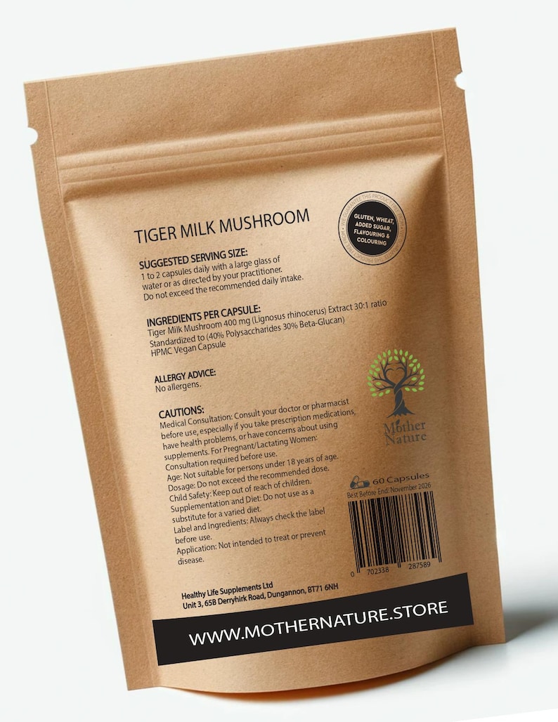 K&ouml;nnte beinhalten: Ein brauner Papierbeutel mit einem wei&szlig;en Etikett, auf dem "Tiger Milk Mushroom" steht. Das Etikett enth&auml;lt Informationen &uuml;ber das Produkt, wie z. B. die empfohlene Verzehrmenge, die Zutaten, Hinweise zu Allergien und Vorsichtsma&szlig;nahmen. Der Beutel hat auch ein kleines gr&uuml;nes Logo mit der Aufschrift "Mother Nature" und einen Barcode.