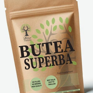 Pode incluir: Uma embalagem de papel castanho com o suplemento alimentar "Butea Superba". A embalagem apresenta um log&oacute;tipo de &aacute;rvore, ilustra&ccedil;&otilde;es de folhas verdes e texto como "Sem enchimentos", "Alta qualidade" e "Feito no Reino Unido".