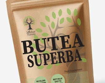 May include: A brown paper bag of "Butea Superba" food supplement. The bag features a tree logo, green leaf illustrations, and text including "No Fillers," "High Quality," and "Made in UK." The bag is sealed and has a zip closure.