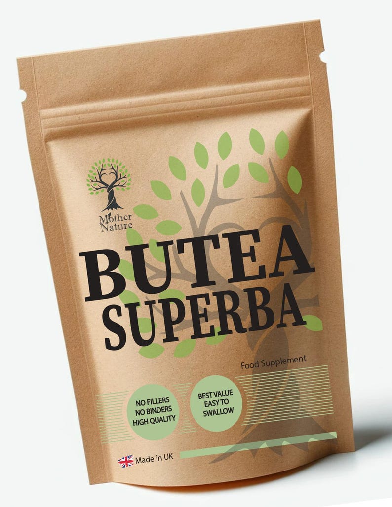 Pode incluir: Uma embalagem de papel castanho com o suplemento alimentar "Butea Superba". A embalagem apresenta um log&oacute;tipo de &aacute;rvore, ilustra&ccedil;&otilde;es de folhas verdes e texto como "Sem enchimentos", "Alta qualidade" e "Feito no Reino Unido".