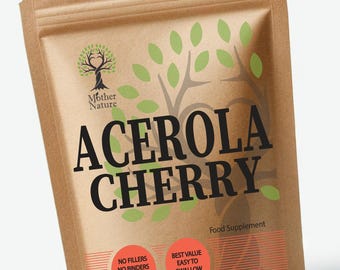 May include: A brown kraft paper pouch containing an Acerola Cherry food supplement. The label features a tree logo, the text Mother Nature, ACEROLA CHERRY, and circular badges stating No Fillers, No Binders, High Quality, Best Value, Easy To Swallow.