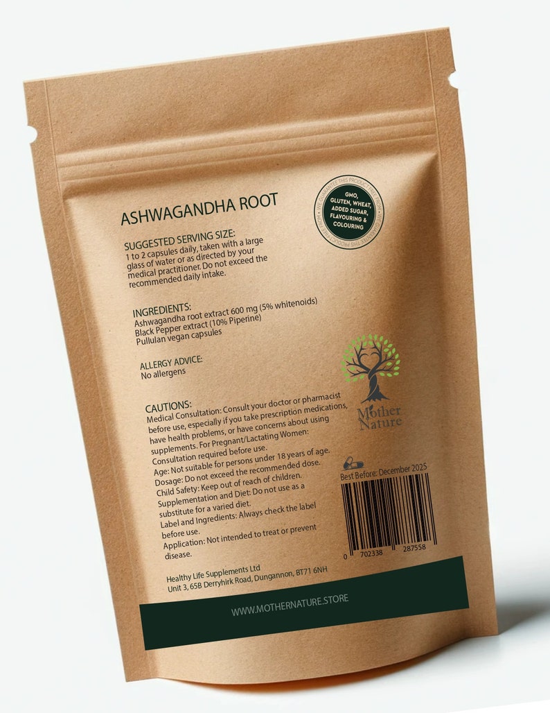 Ashwagandha svartpeppar 600 mg naturliga Ashwagandha-kapslar rotextrakt veganska kosttillskott bild 2