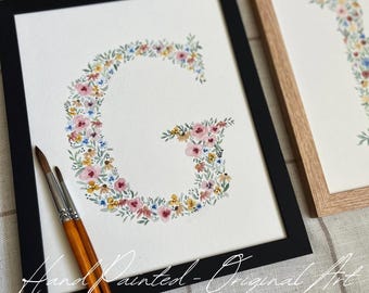 Custom Floral Watercolor Initial, Hand-Painted Nursery Art