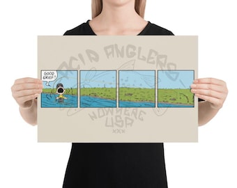 Poster Charlie Brown Fly Fishing Art Print: Comic Dry Fly Illustration