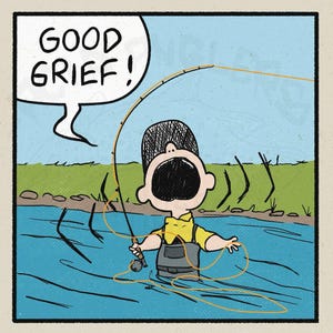 Puede incluir: Imagen de dibujos animados de Charlie Brown pescando en un río. Lleva una camisa amarilla, un mono gris y un sombrero negro. Un bocadillo sobre su cabeza dice "GOOD GRIEF!". El fondo muestra un cielo azul y hierba verde.