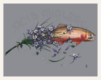 Fly Fishing Art Print - Colorado Cutthroat Trout and Columbine Flowers