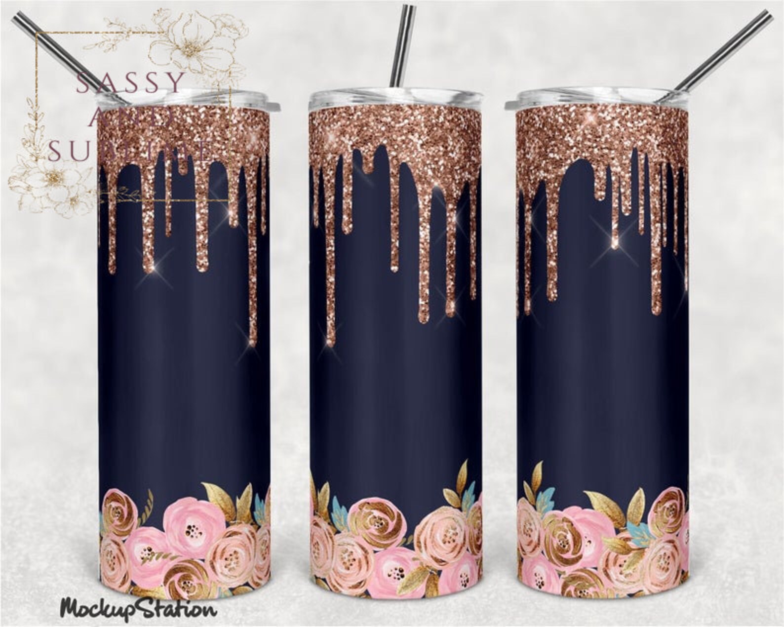 Pink Glitter Drip and Floral Custom 20 oz skinny tumbler | Etsy