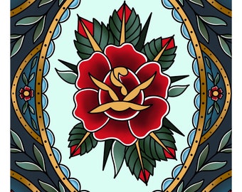 Traditional rose tattoo style A4 art print designed and signed by Kat James