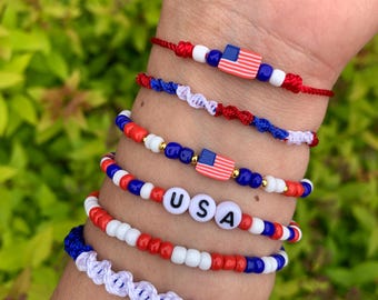 Red White Blue Patriotic Bracelet: Seed Bead 4th of July Jewelry