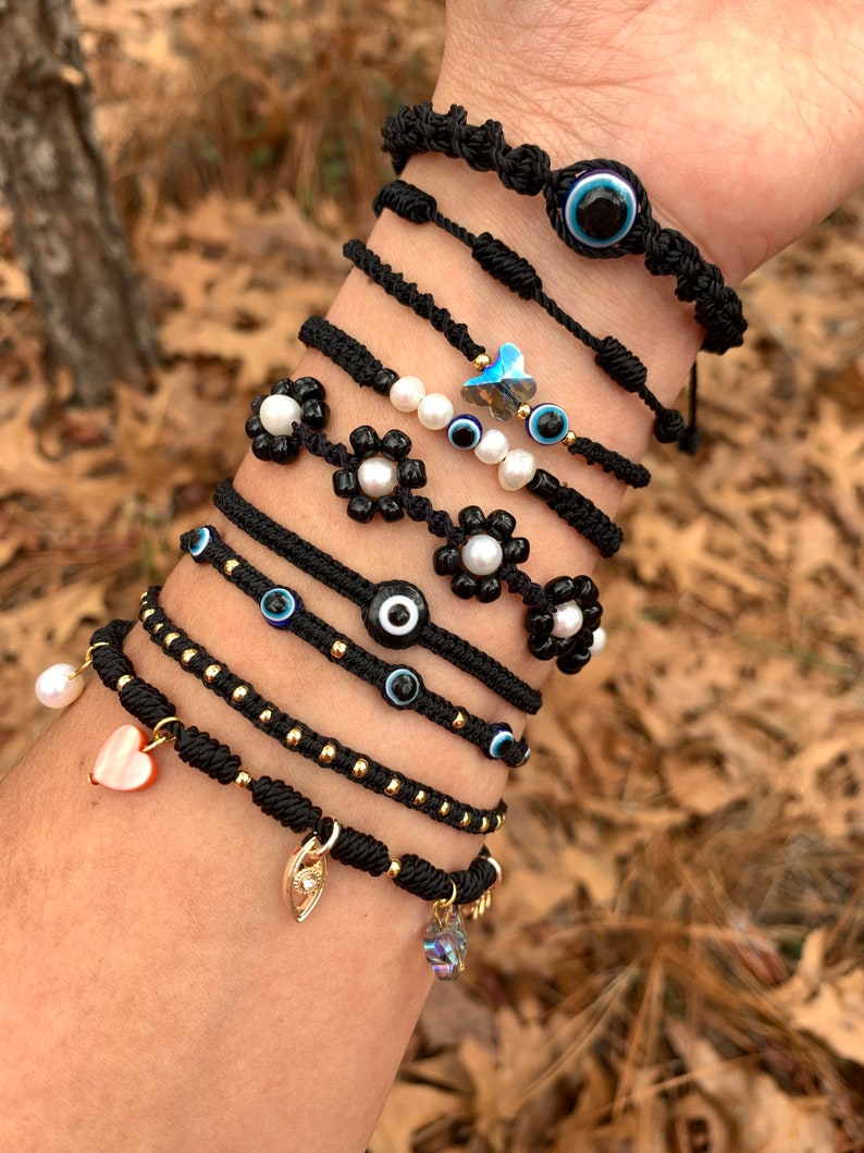 Black Evil Eye Black Bracelets Flower Bracelets Butterfly Bracelets valentines Gift Minimalist Bracelets Friendship Bracelet image 2