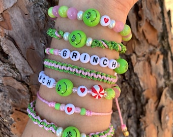 Christmas Bracelets - Grinch jewelry - Christmas Gift- Holiday Bracelets-  Gift- Christmas Jewelry- Pink Christmas Bracelets- Pink Christmas