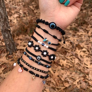 Black Evil Eye Bracelet: Flower, Butterfly, Pearl Charm Bracelet