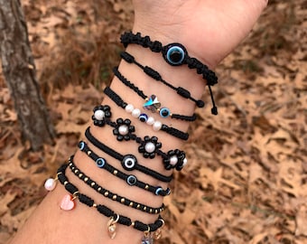 Black Evil Eye - Black Bracelets- Flower Bracelets- Butterfly Bracelets- valentine’s Gift -Minimalist Bracelets- Friendship Bracelet