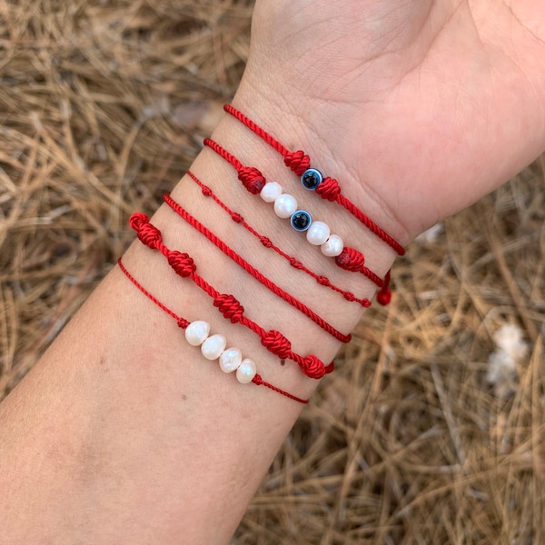 Pearl Bracelet- Minimalist Evil Eye Bracelets- Dainty Bracelets - Red Jewelry - 7 Lucky Knots - Protection Jewelry- Ojo Turco Bracelet