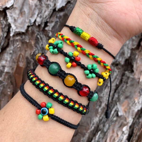 Bracelets rasta - Bracelets reggae - Bracelets couleurs rasta - Bracelets mauvais œil - Bracelets Good Vibes - Fleurs rasta - Bracelets d'amitié