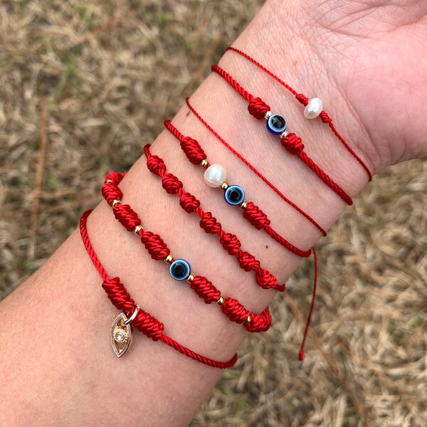 Red String Bracelets- Pulseras de hilo rojo, Evil Eye Bracelets, Friendship Bracelet - Protection Bracelets, Dainty Bracelets- Pearl Brace