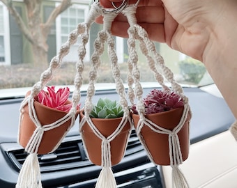 Boho Macrame Car Plant Hanger Rear-View Mirror Decor with Faux Succulent, Car Accessory Gift for Her New Driver