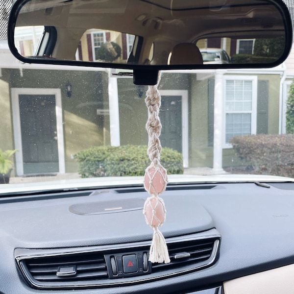 Crystal Car Charm Hanger for Rearview Mirror Accessory, Macrame Crystal Car Decor, Boho Car Accessories, Cute Car Hanging, Crystal for Car